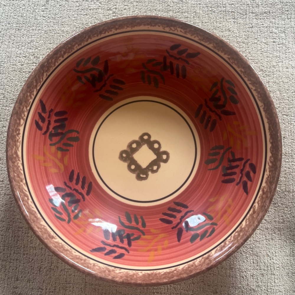 Luneville Peint Main France Hand Painted Ceramic‎ Bowl Terracotta Leaves 8.25"